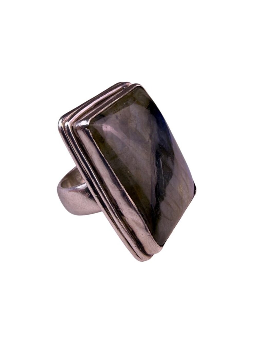 Blue Fire Silver Tone Labradorite Gemstone Ring 925 Stamped Rectangular